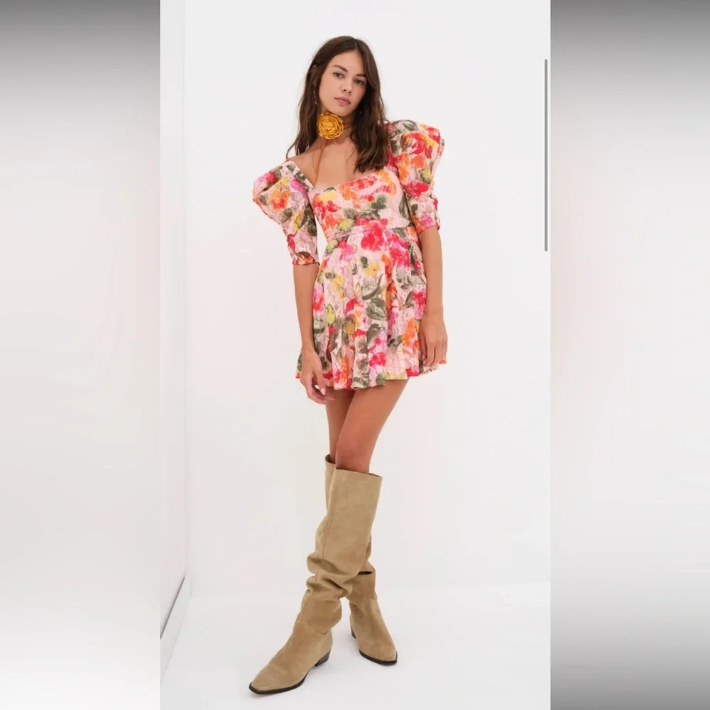 For Love & Lemons Dascha Puff Sleeve Mini Dress Light Pink Floral Lace Large NWT - Picture 4 of 16
